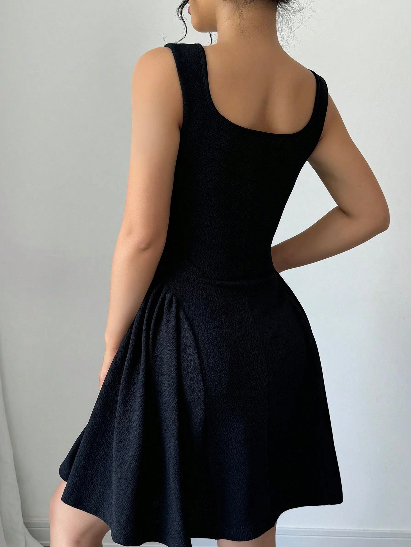 Women's V-Neck Sleeveless Dress, Ruched Hem A-Line Design, High Stretch Textured Fabric, Solid Color, Chic Commuting Daily Casual Versatile Waist-Cinched Slimming Spring Summer Fall Winter Elegant Refined - Image 6