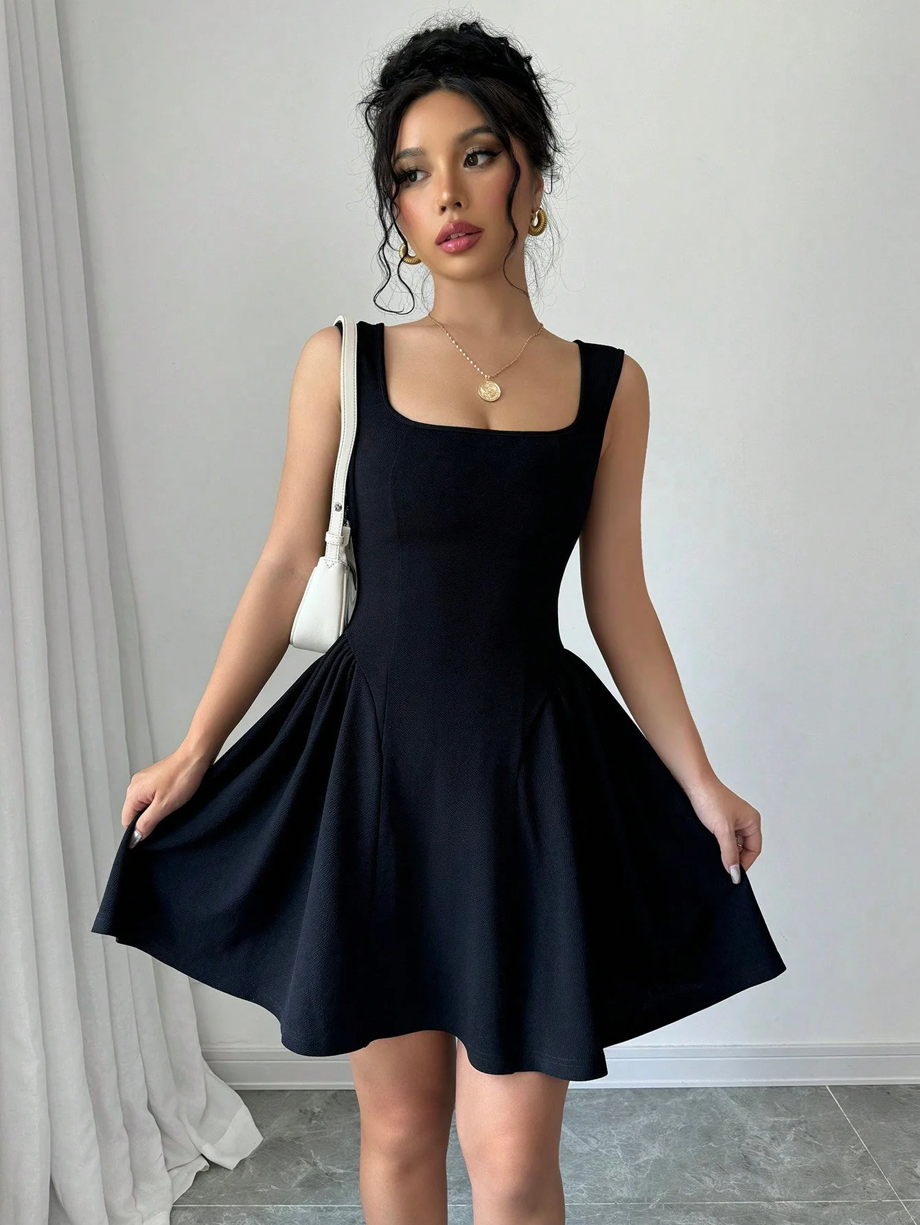 Women's V-Neck Sleeveless Dress, Ruched Hem A-Line Design, High Stretch Textured Fabric, Solid Color, Chic Commuting Daily Casual Versatile Waist-Cinched Slimming Spring Summer Fall Winter Elegant Refined - Image 7