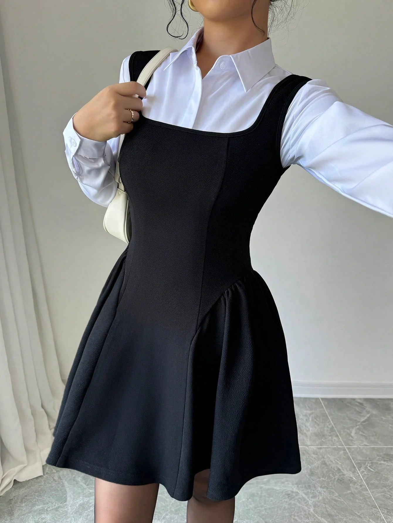 Women's V-Neck Sleeveless Dress, Ruched Hem A-Line Design, High Stretch Textured Fabric, Solid Color, Chic Commuting Daily Casual Versatile Waist-Cinched Slimming Spring Summer Fall Winter Elegant Refined - Image 8