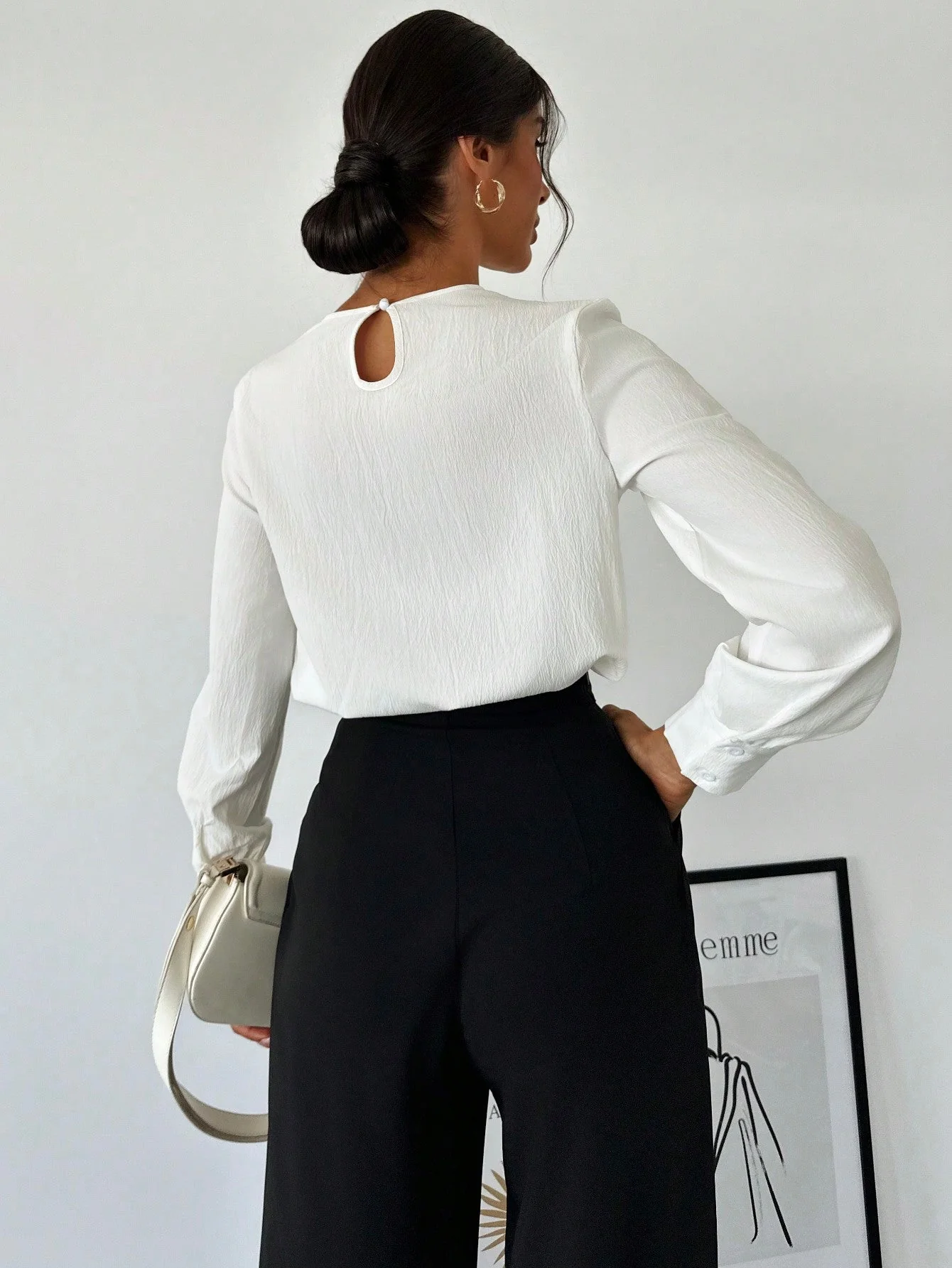 Women's White Fold Pleated Long Sleeve Fitted Blouse, Minimalist Office Work Wear Back To School,Long Sleeve Tops - Image 4