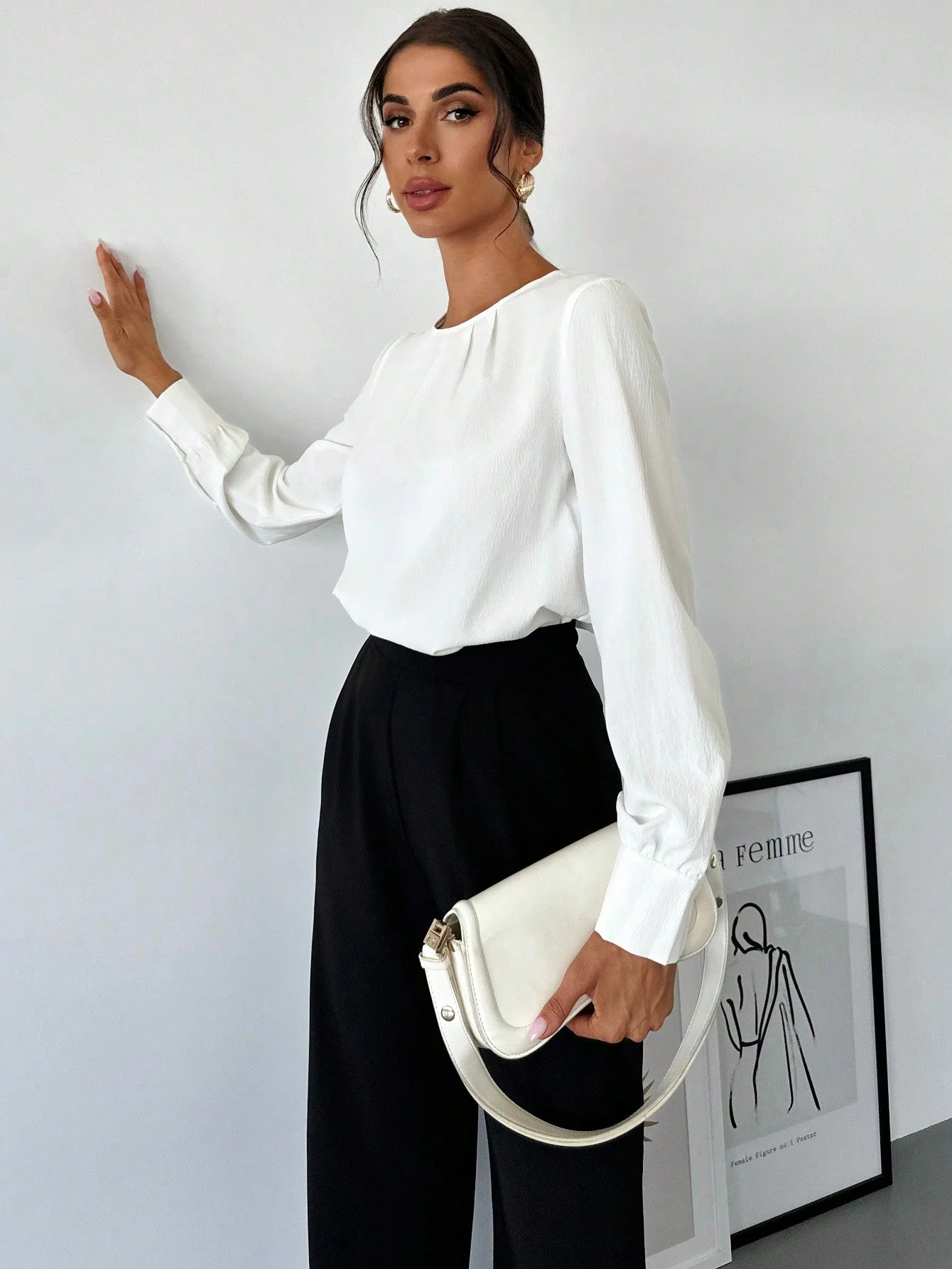 Women's White Fold Pleated Long Sleeve Fitted Blouse, Minimalist Office Work Wear Back To School,Long Sleeve Tops - Image 5