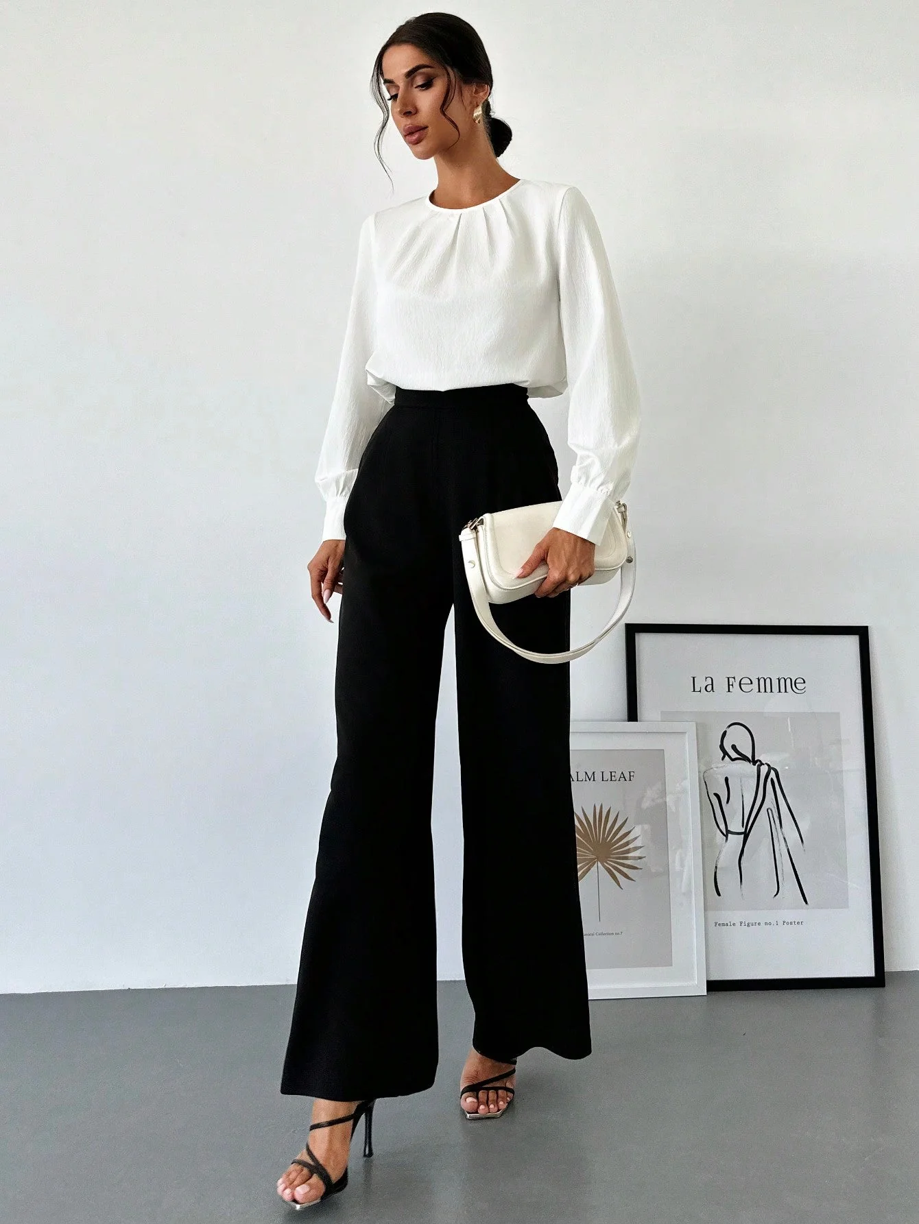 Women's White Fold Pleated Long Sleeve Fitted Blouse, Minimalist Office Work Wear Back To School,Long Sleeve Tops - Image 6