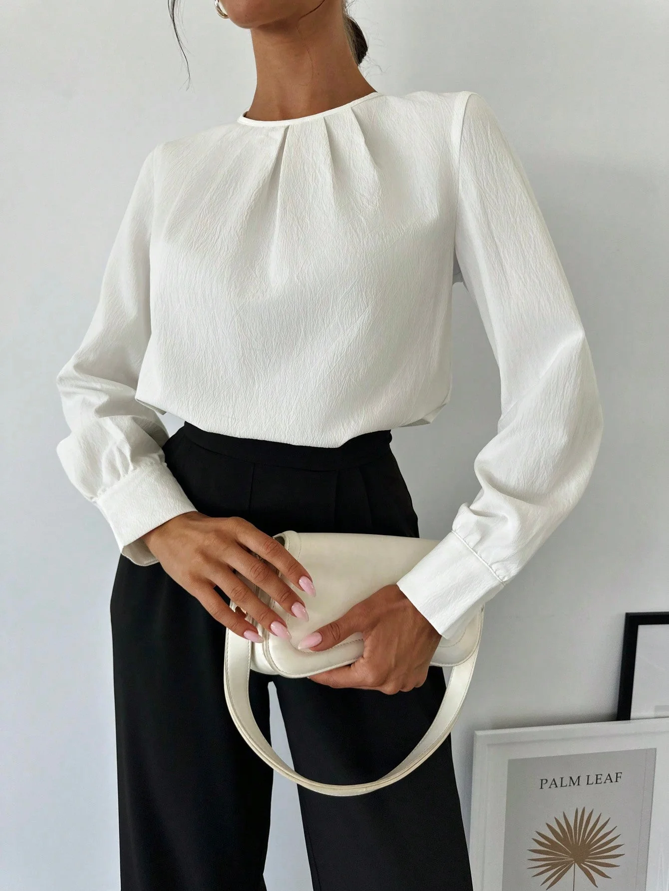 Women's White Fold Pleated Long Sleeve Fitted Blouse, Minimalist Office Work Wear Back To School,Long Sleeve Tops - Image 7