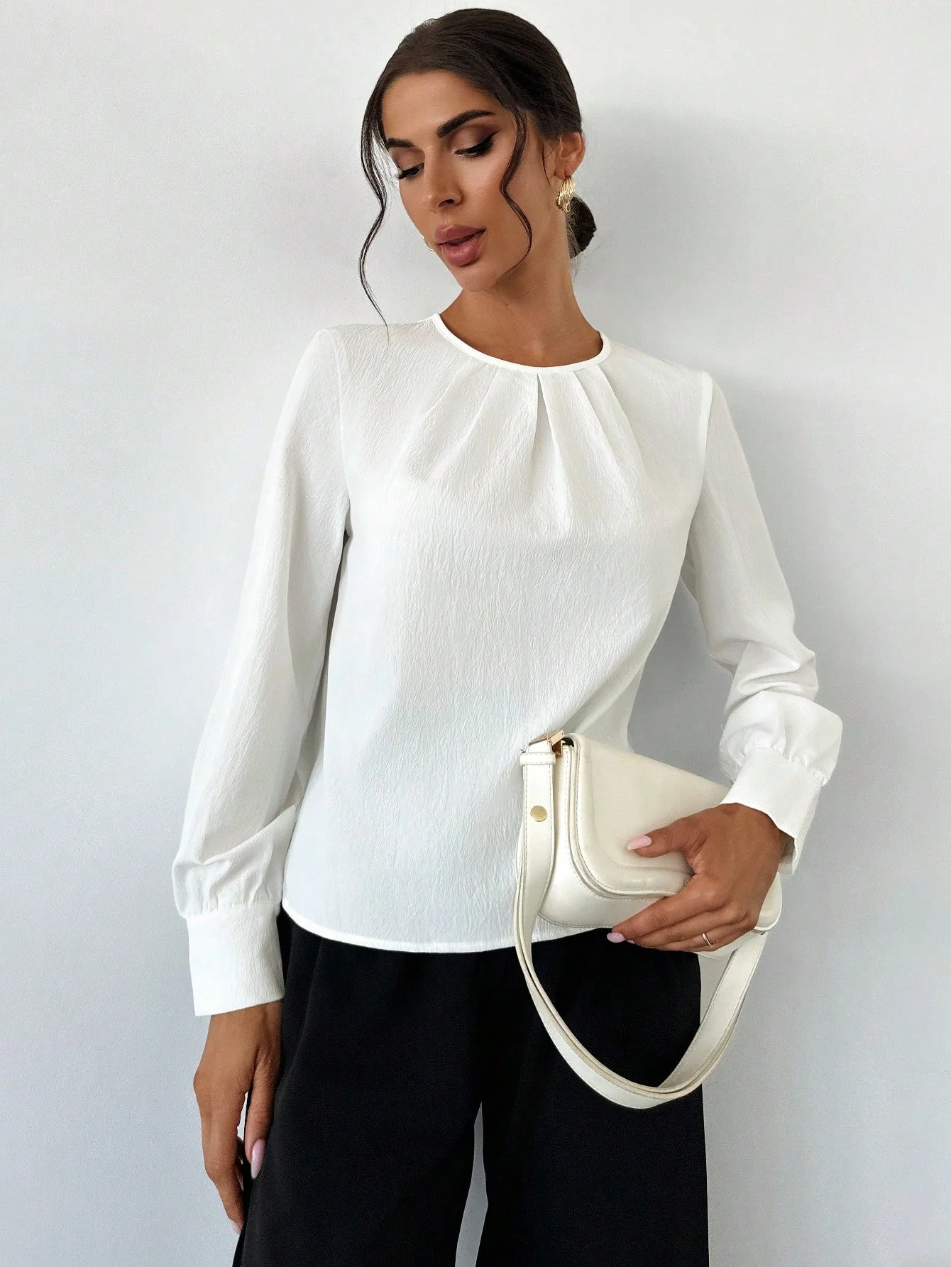 Women's White Fold Pleated Long Sleeve Fitted Blouse, Minimalist Office Work Wear Back To School,Long Sleeve Tops - Image 8