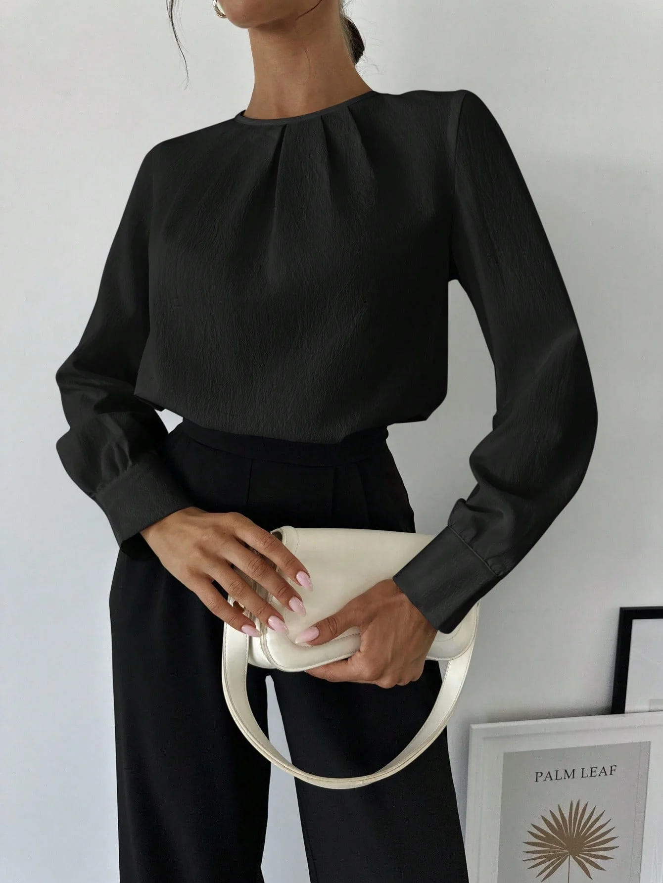 Women's White Fold Pleated Long Sleeve Fitted Blouse, Minimalist Office Work Wear Back To School,Long Sleeve Tops - Image 9