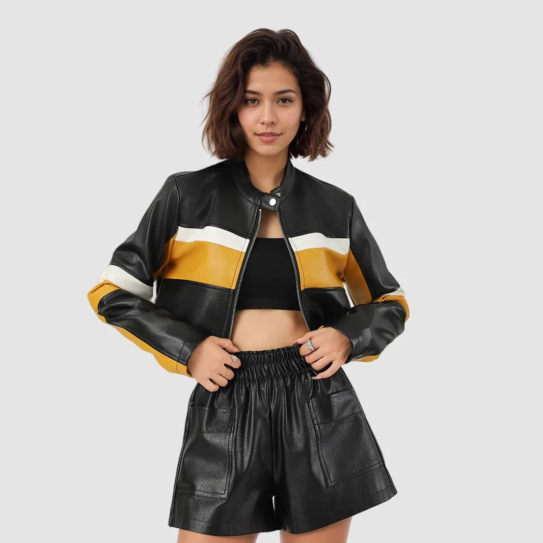 Yellow Edge | Women's Contrasting Splicing Faux Leather Jacket