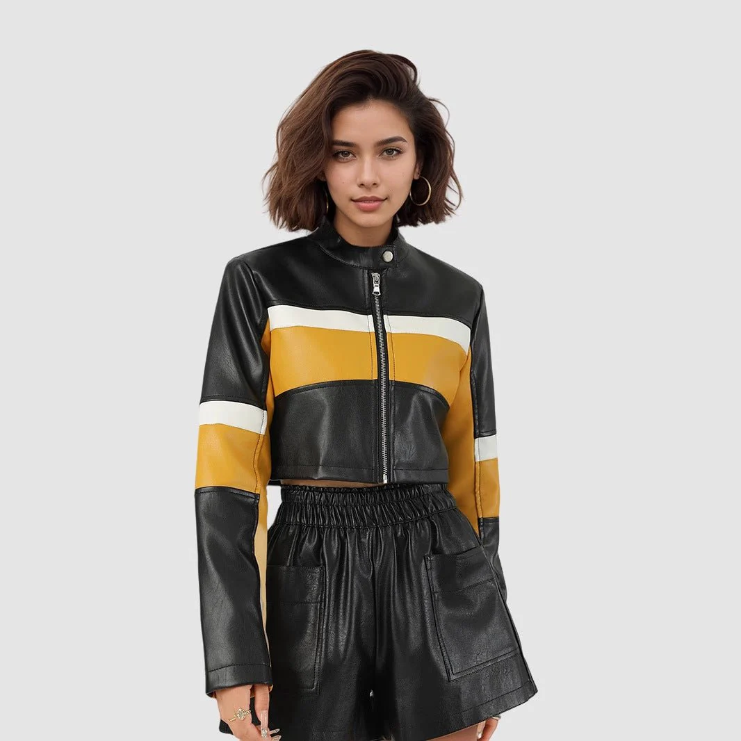 Yellow Edge | Women's Contrasting Splicing Faux Leather Jacket - Image 2