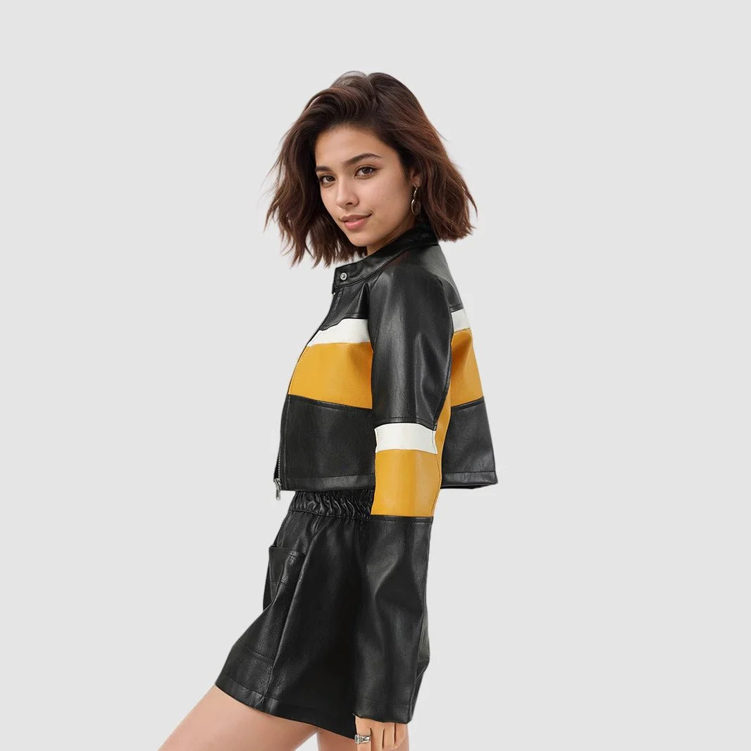Yellow Edge | Women's Contrasting Splicing Faux Leather Jacket - Image 3