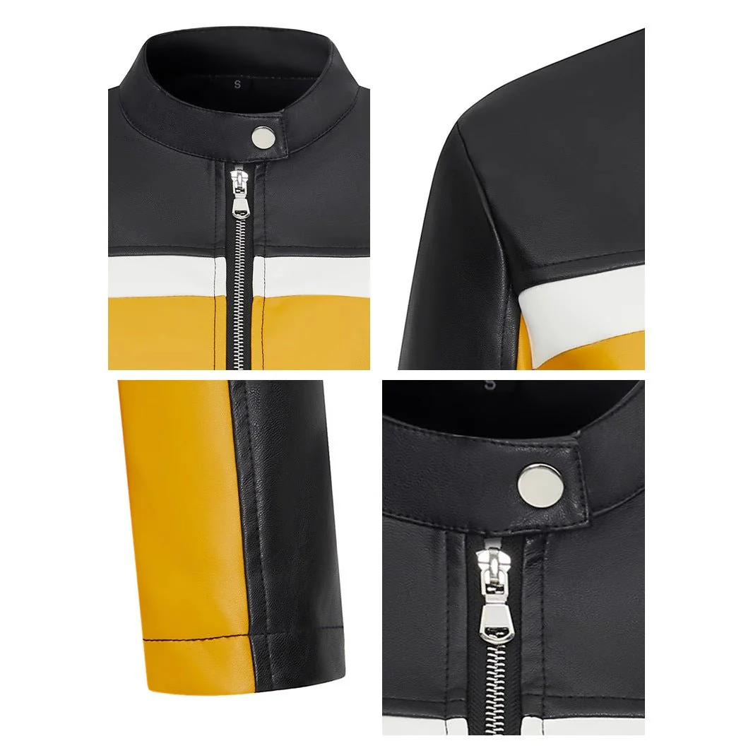 Yellow Edge | Women's Contrasting Splicing Faux Leather Jacket - Image 4