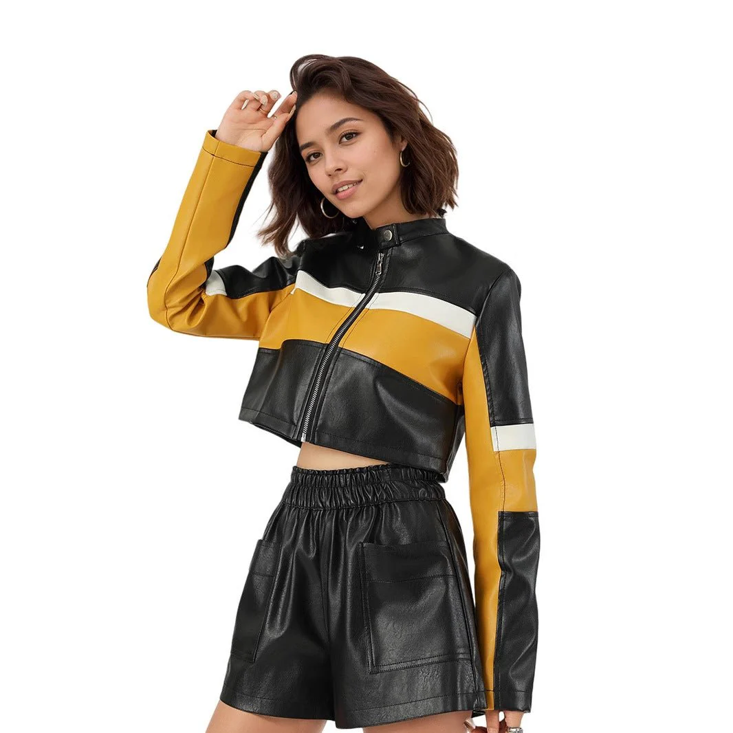 Yellow Edge | Women's Contrasting Splicing Faux Leather Jacket - Image 5
