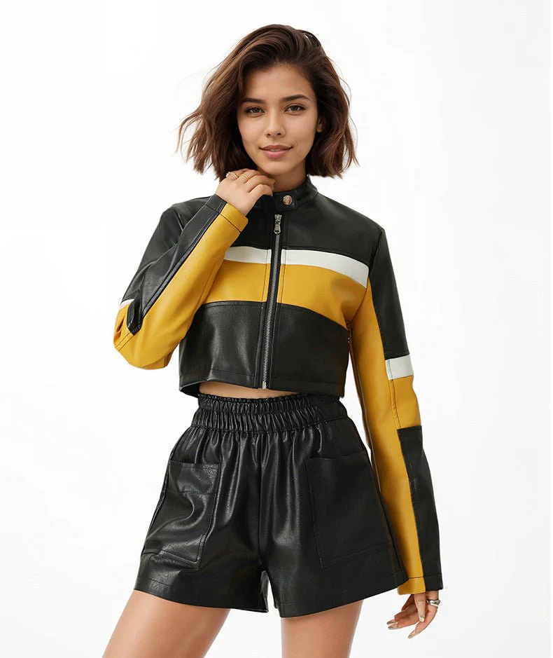 Yellow Edge | Women's Contrasting Splicing Faux Leather Jacket - Image 6