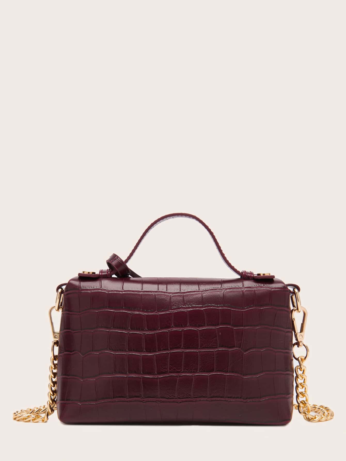 Zip Front Crocodile Embossed Satchel Bag With Bag Charm - Image 3