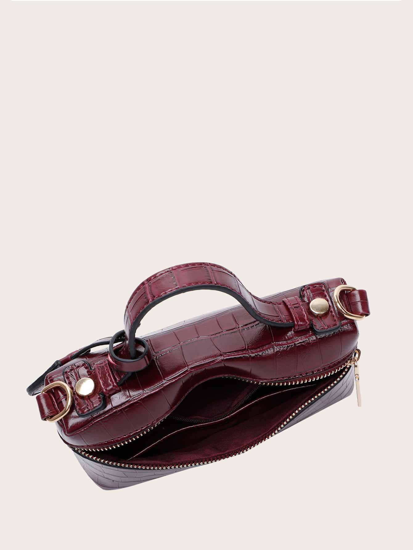 Zip Front Crocodile Embossed Satchel Bag With Bag Charm - Image 4