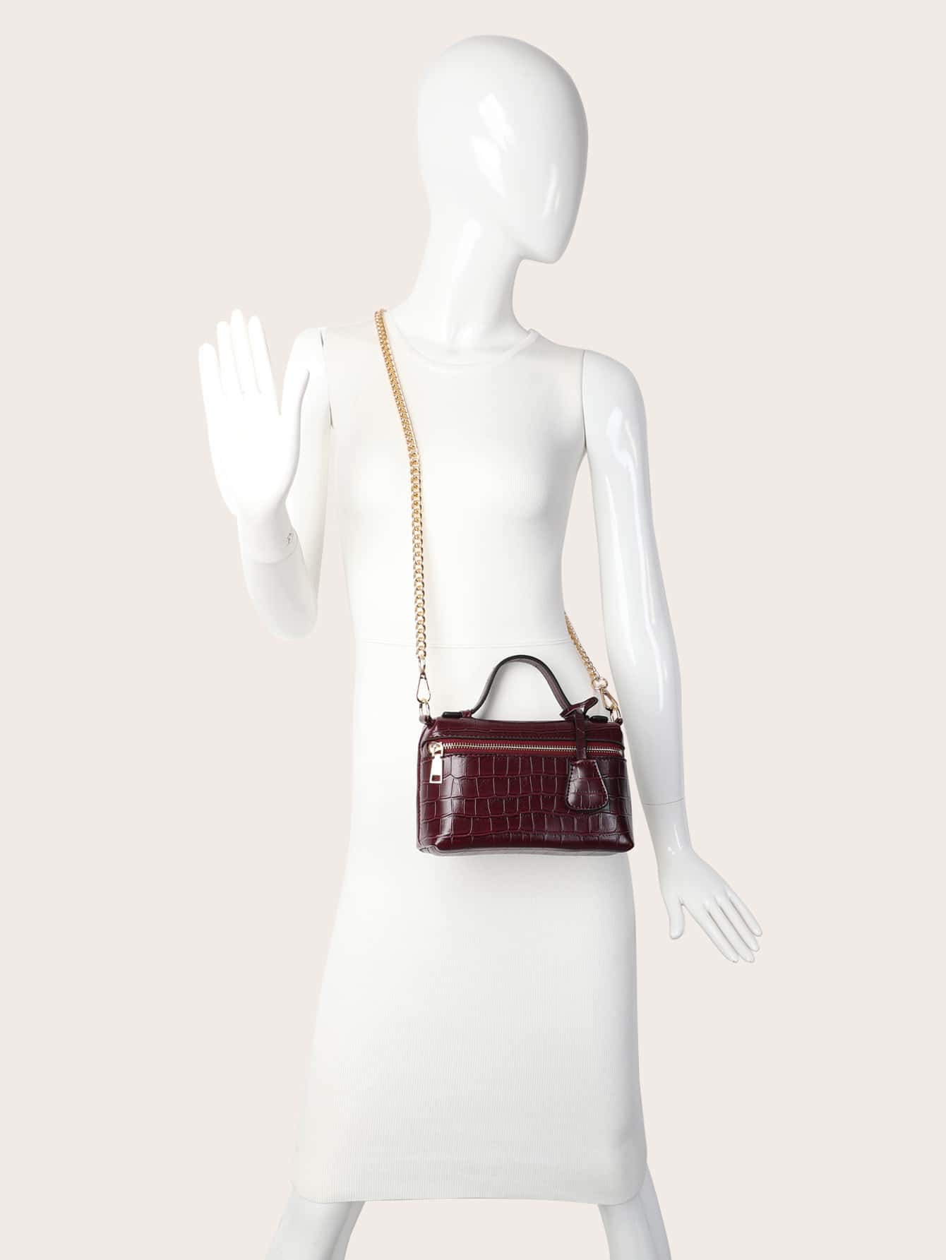 Zip Front Crocodile Embossed Satchel Bag With Bag Charm - Image 5
