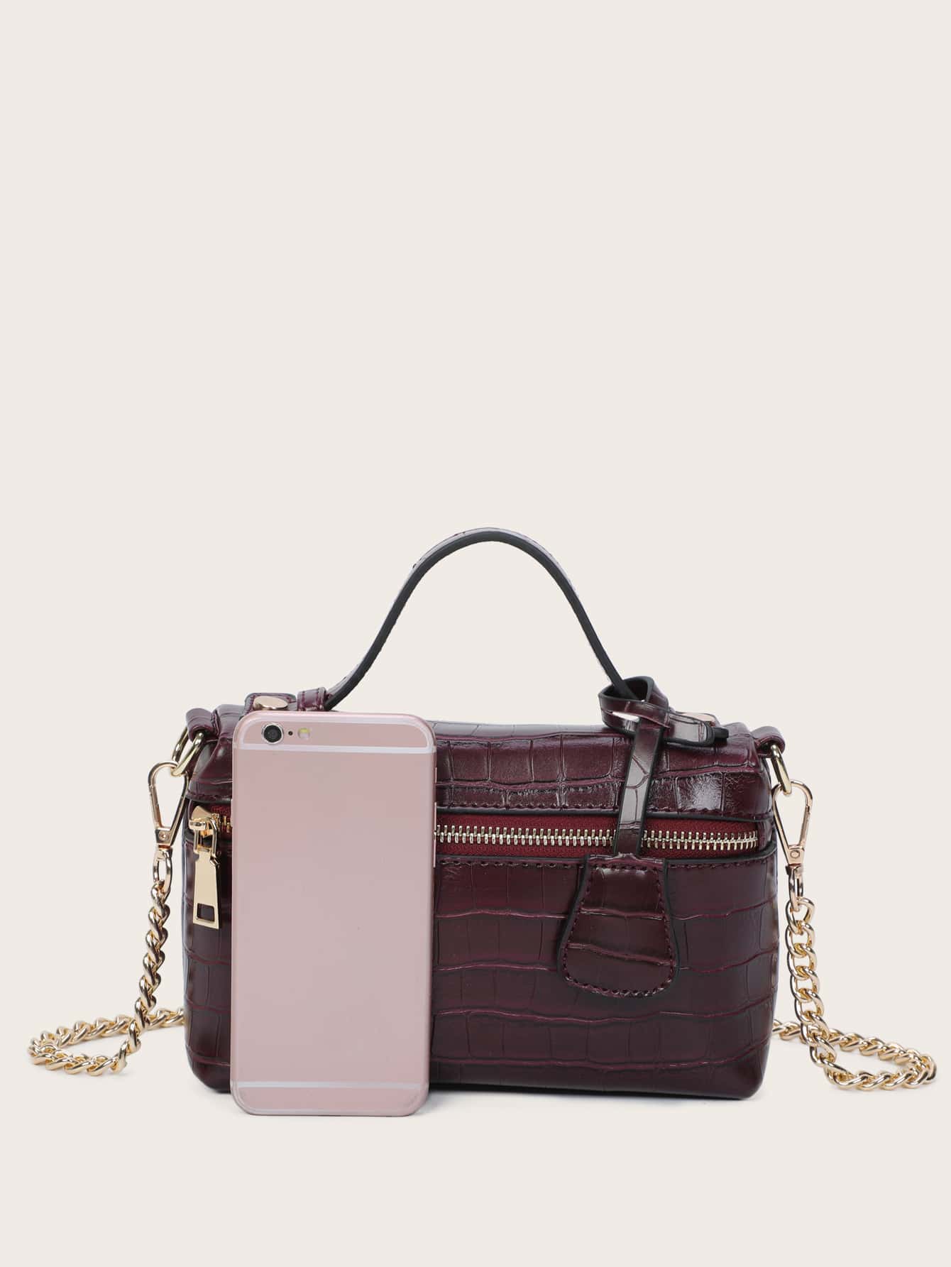 Zip Front Crocodile Embossed Satchel Bag With Bag Charm - Image 6