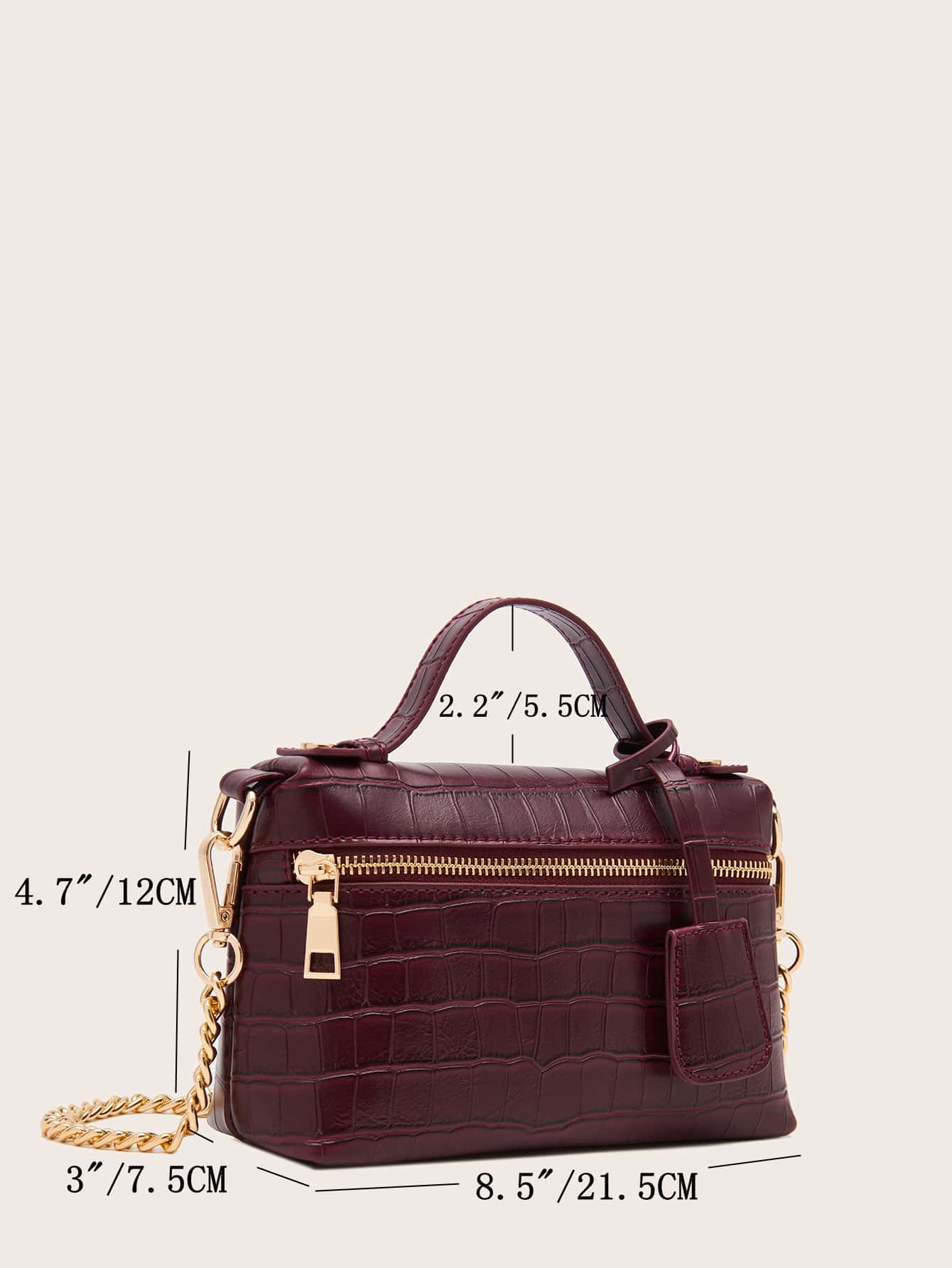 Zip Front Crocodile Embossed Satchel Bag With Bag Charm - Image 7